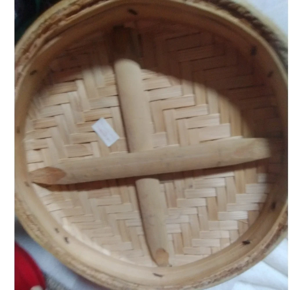 Vintage‎ Handwoven Bamboo Basket with Lid Handle Woven Trinket Sewing Box